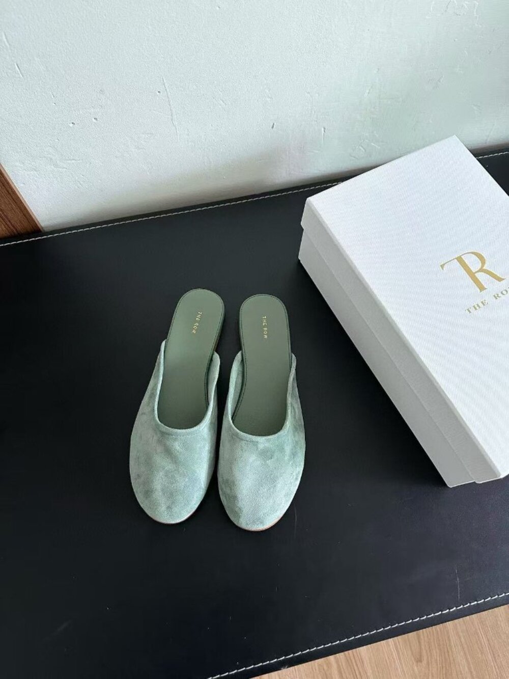 The Row Sage Green Suede Mule Slides